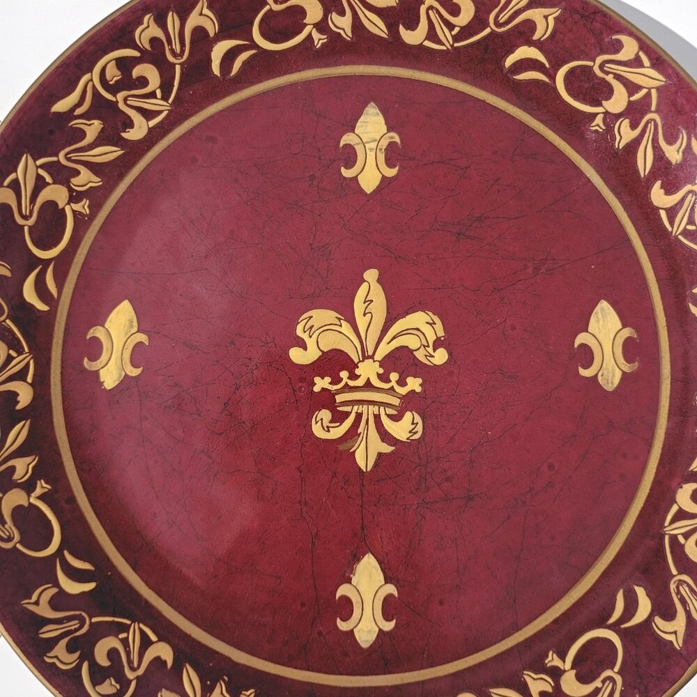 Pair of Andrea by Sadek Decorative Plates Fleur-de-Lis Maroon Green Gold Regal - Picture 10 of 16